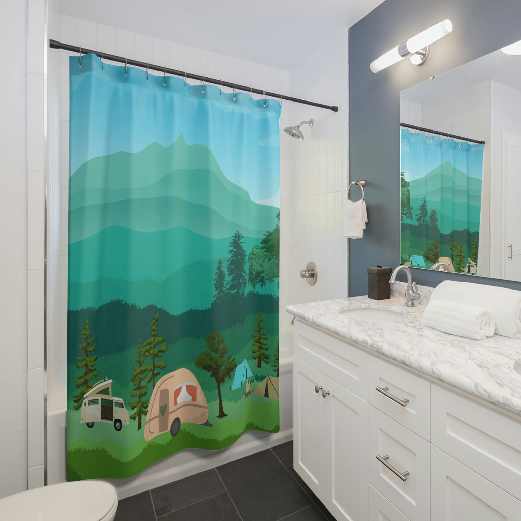 Camper Van Shower Curtain With Camping Scene, Pink Curtain, Boho Bath Curtain, Happy Camping Bath Curtain - Image 2