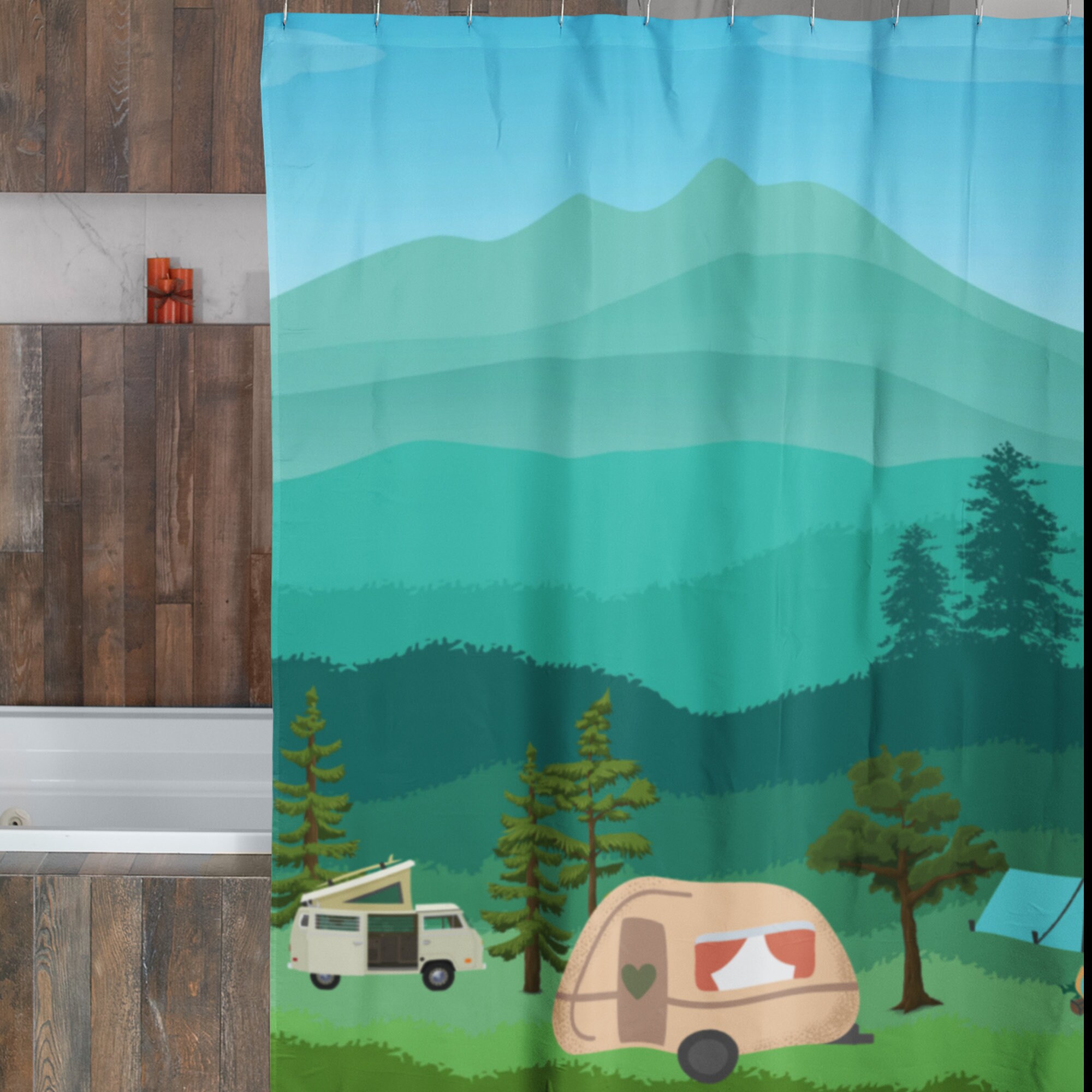 Camper Van Shower Curtain With Camping Scene, Pink Curtain, Boho Bath Curtain, Happy Camping Bath Curtain - Image 3