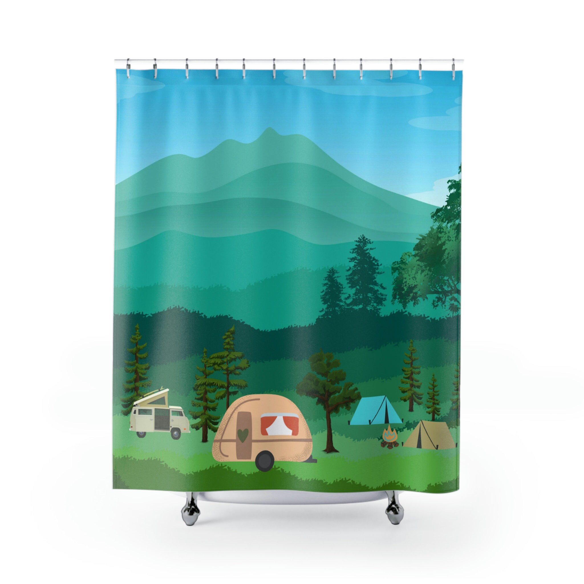 Camper Van Shower Curtain With Camping Scene, Pink Curtain, Boho Bath Curtain, Happy Camping Bath Curtain - Image 4