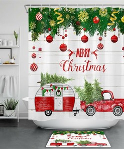 Camper and Christmas Decorations Red Truck Shower Curtain for Bath Accessory