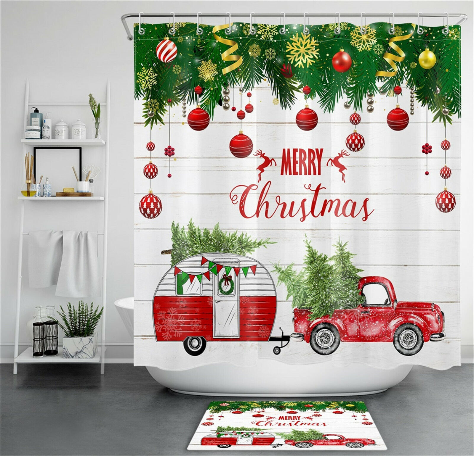 Camper and Christmas Decorations Red Truck Shower Curtain for Bath Accessory