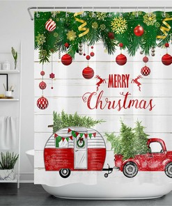 Camper and Christmas Decorations Red Truck Shower Curtain for Bath Accessory