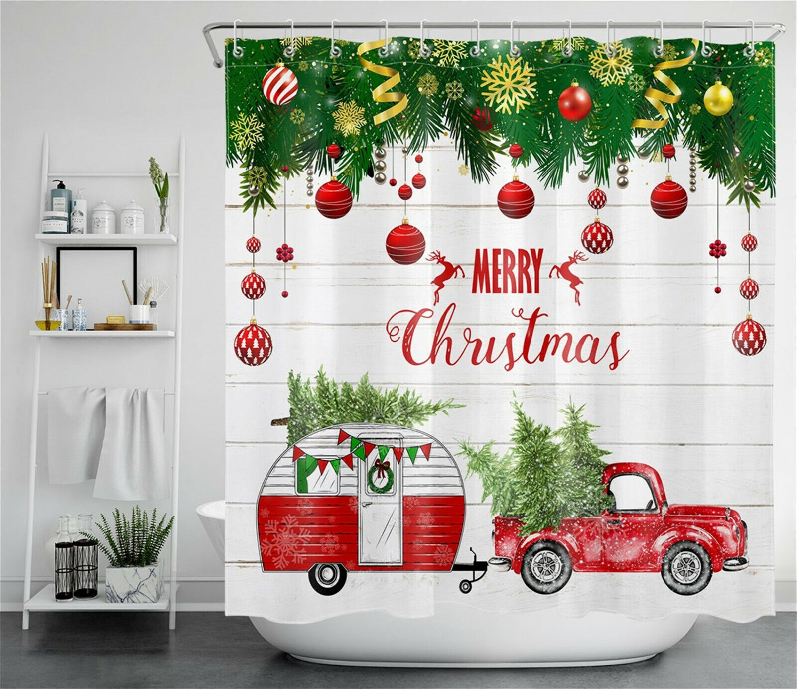 Camper and Christmas Decorations Red Truck Shower Curtain for Bath Accessory