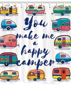 Camping Adventure Car Shower Curtain, Waterproof Fabric Cartoony White Bathroom Decoration