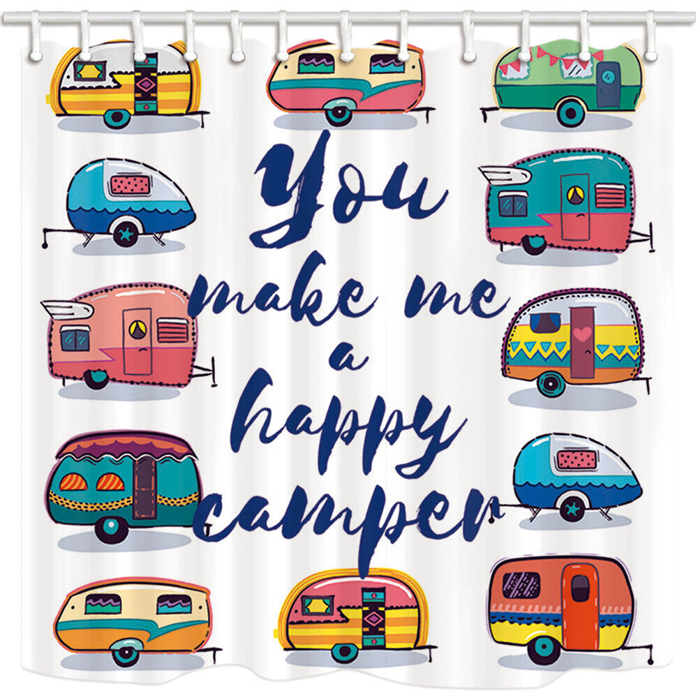 Camping Adventure Car Shower Curtain, Waterproof Fabric Cartoony White Bathroom Decoration