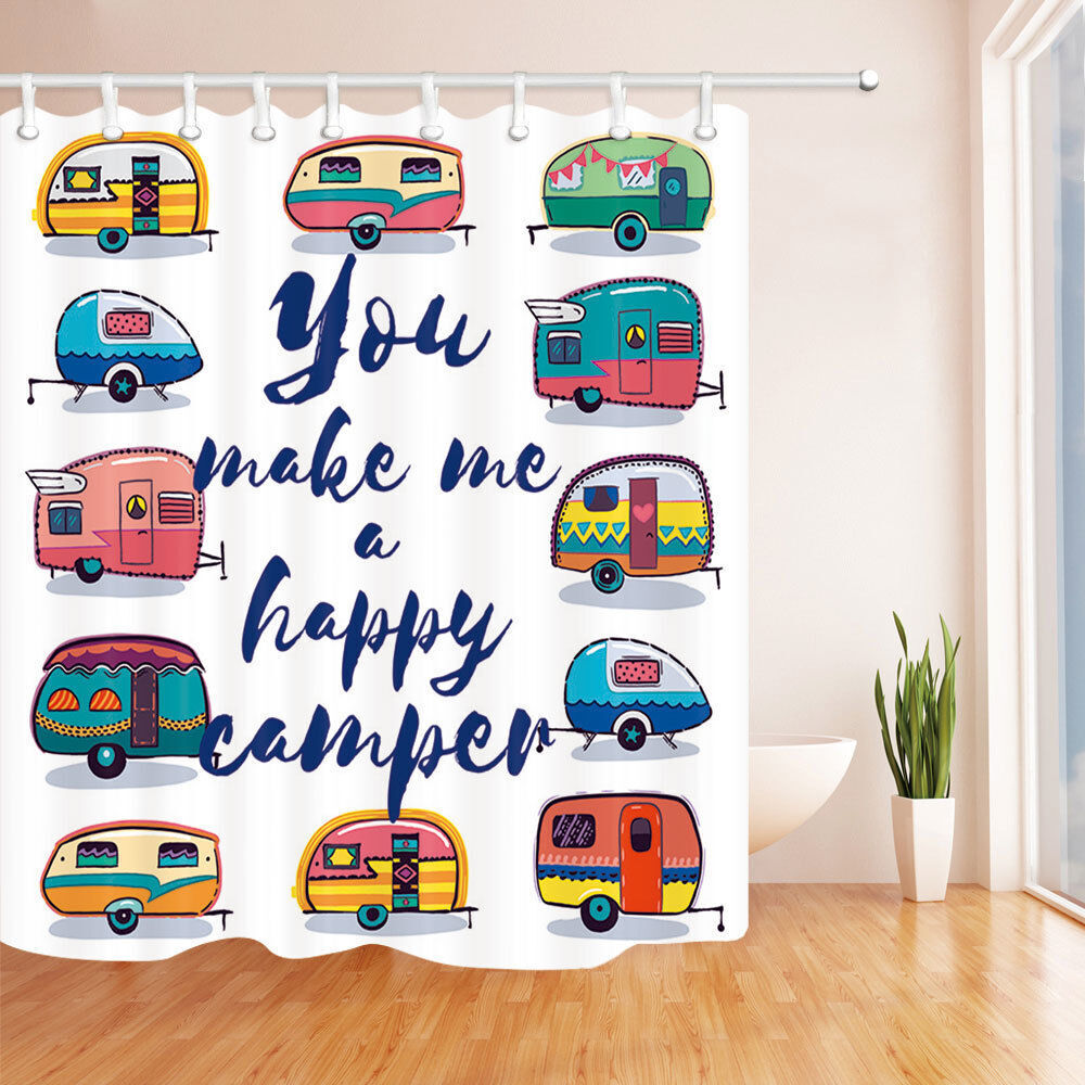 Camping Adventure Car Shower Curtain, Waterproof Fabric Cartoony White Bathroom Decoration - Image 2