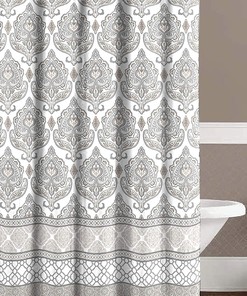 Canvas Beauty Grey Taupe And White Shower Curtain With Geometric Border