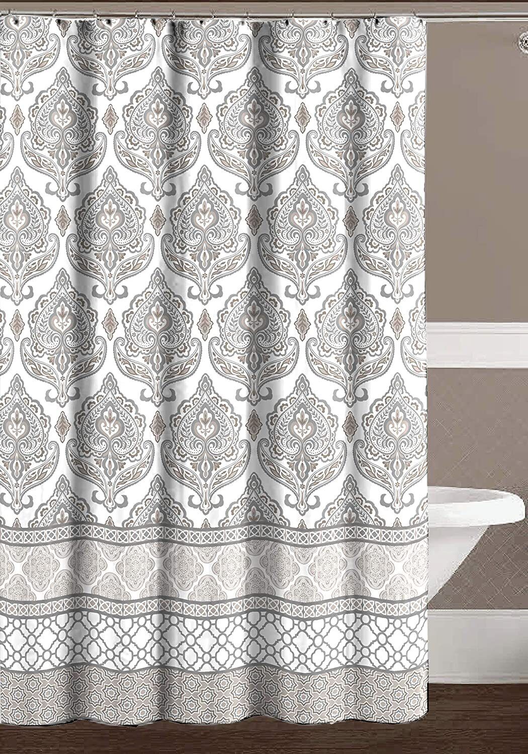 Canvas Beauty Grey Taupe And White Shower Curtain With Geometric Border