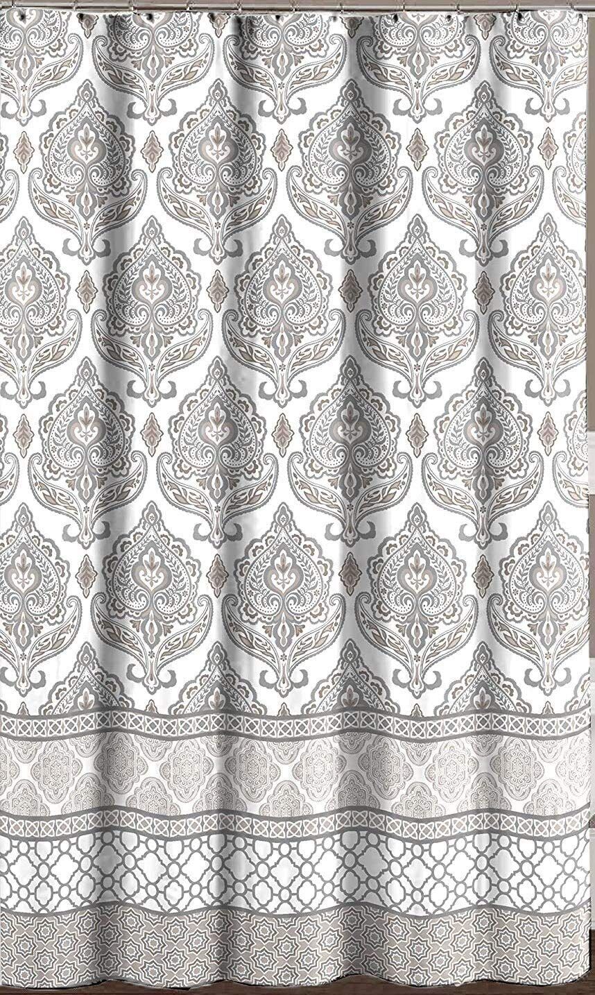 Canvas Beauty Grey Taupe And White Shower Curtain With Geometric Border