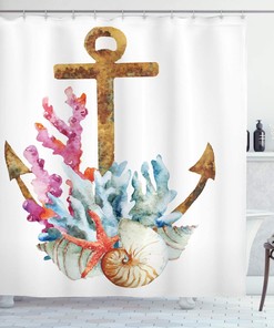 Caramel Multicolor Anchor Shower Curtain, Corals Seaweed Nature Deep Sea Underwater Life Diving Enjoyment Marine Print
