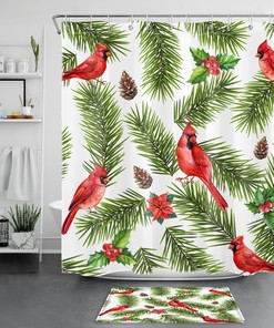 Cardinal Flower Pine Tree Branch Christmas Shower Curtain