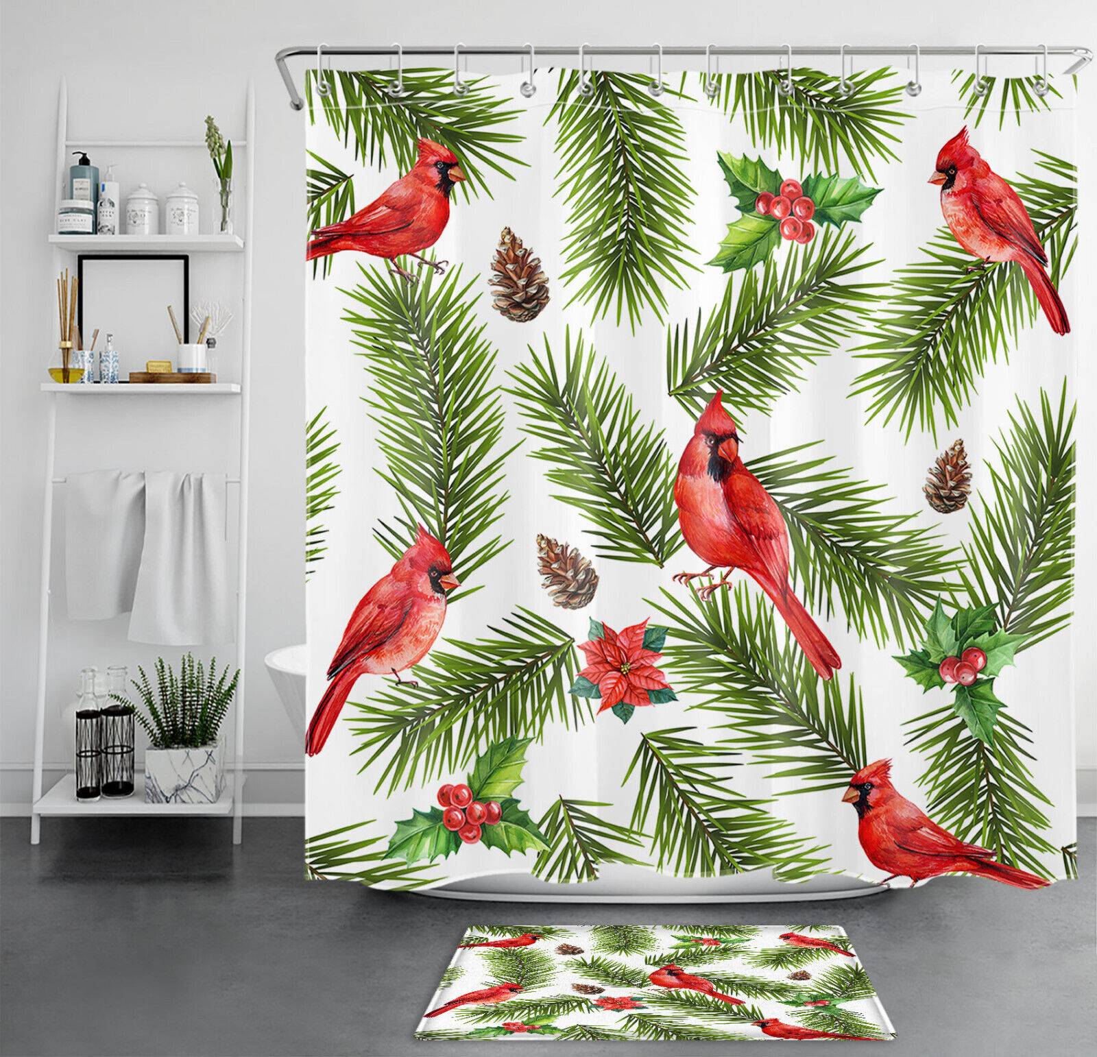 Cardinal Flower Pine Tree Branch Christmas Shower Curtain