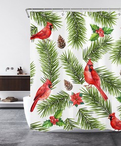 Cardinal Flower Pine Tree Branch Christmas Shower Curtain