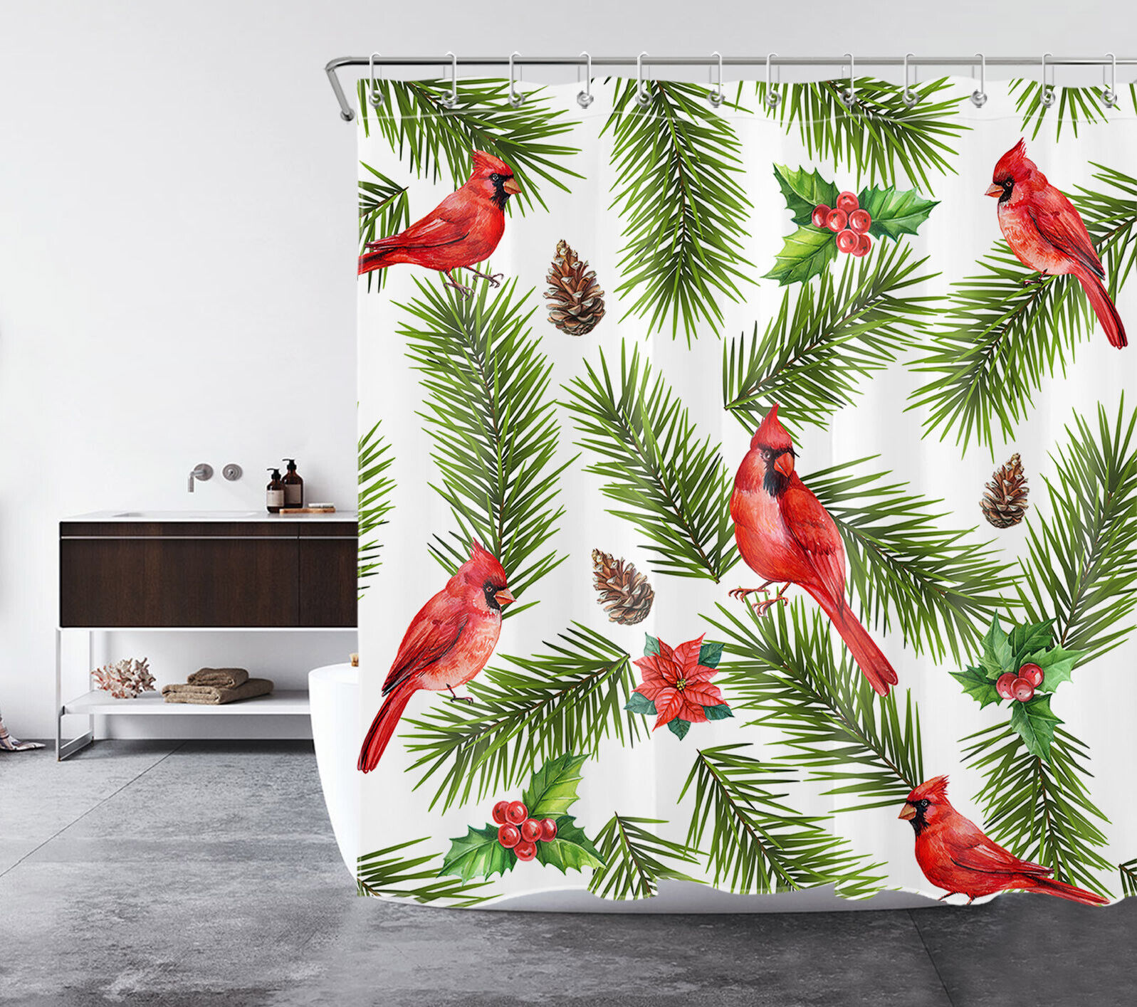 Cardinal Flower Pine Tree Branch Christmas Shower Curtain
