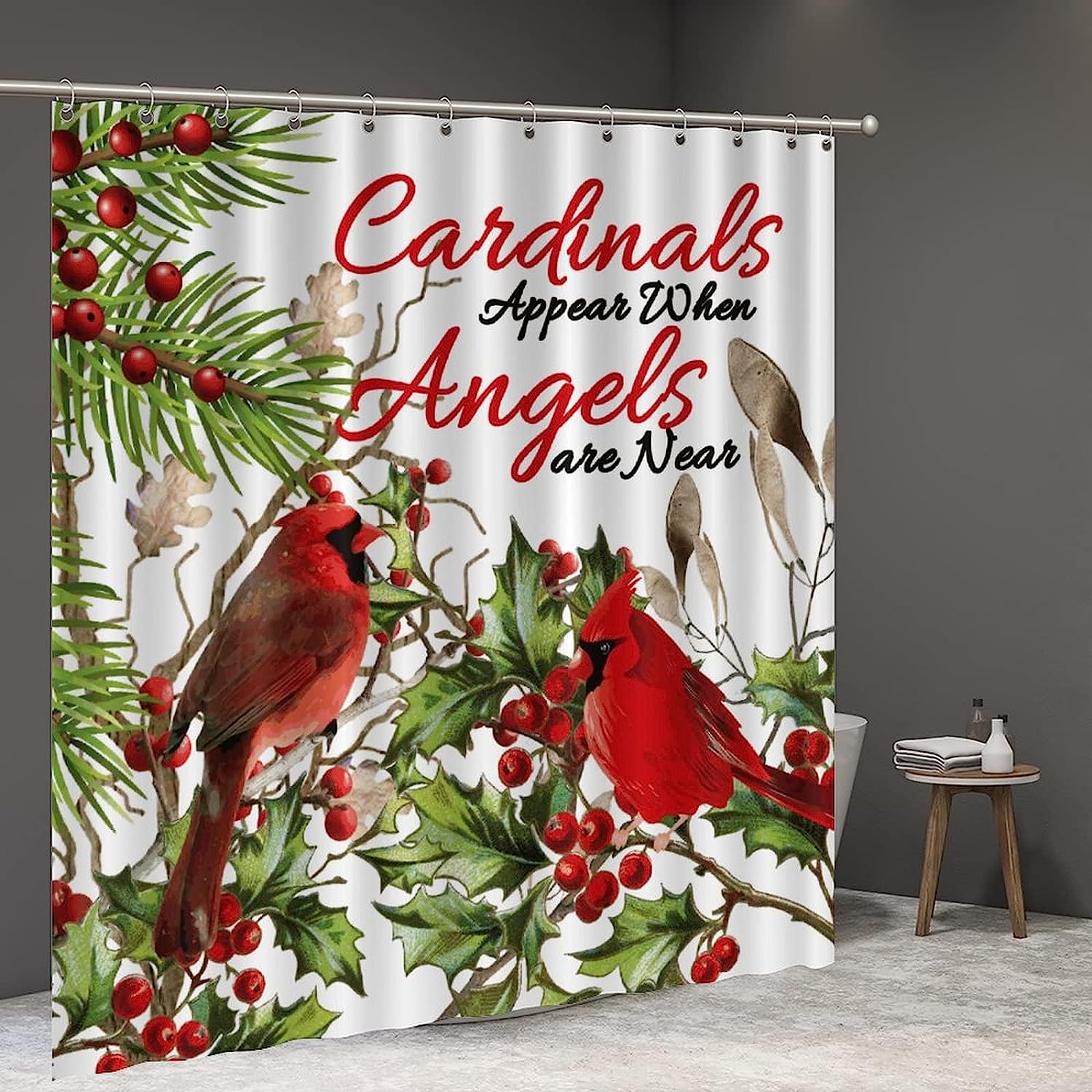 Cardinals Appear When Angels are Near Print Shower Curtain, Fabric Bathroom Decor, Christmas Art Design