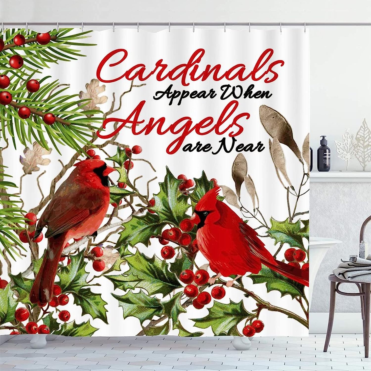 Cardinals Appear When Angels are Near Print Shower Curtain, Fabric Bathroom Decor, Christmas Art Design