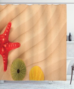 Caribbean Beach Themed Shower Curtain Waterproof Fabric with Sea Shell and Urchin Print for Bathroom