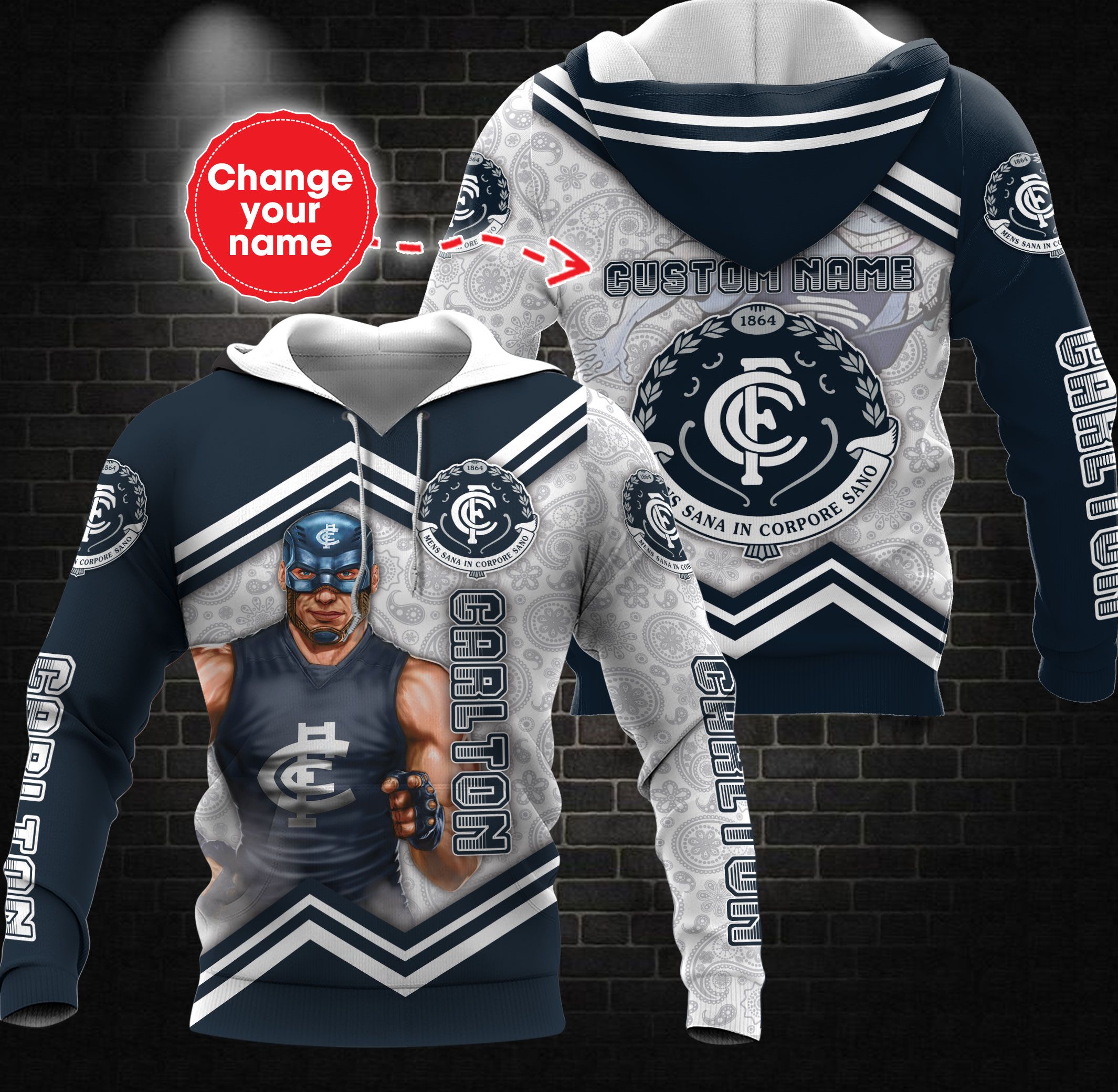 Carlton Football Club All Over Print Custom Zip Up Hoodie - Personalized Mascot And Name