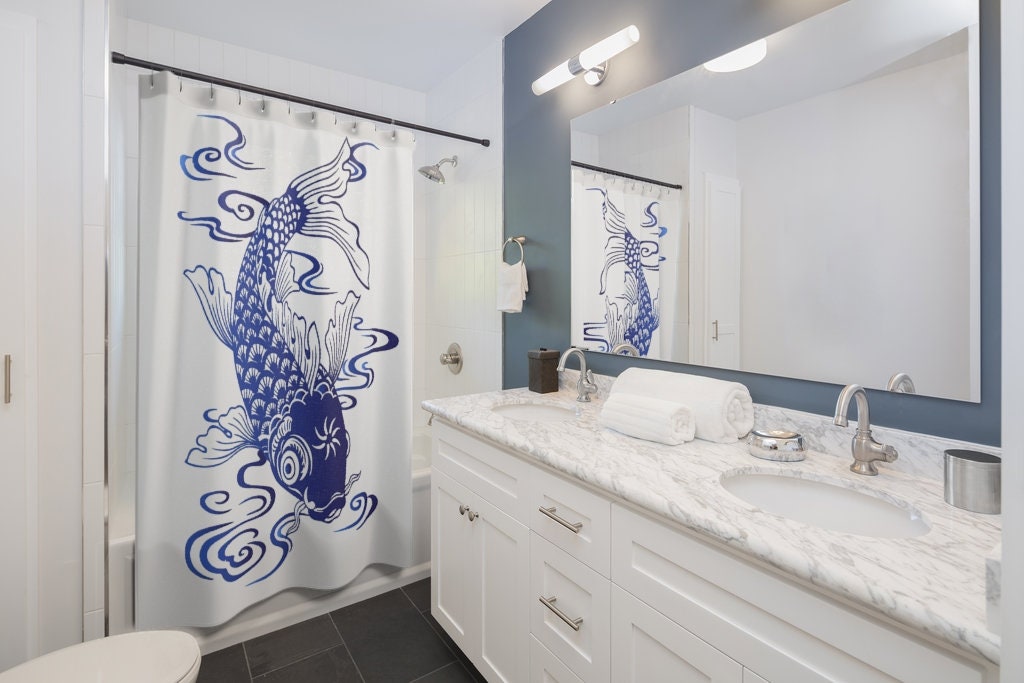 Carp Koi Fish Japanese Ukiyo-e Style Shower Curtain for Retro Bathroom Decor