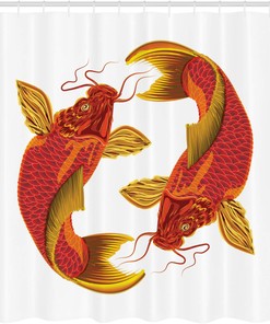 Carp Koi Fish Shower Curtain, Cloth Fabric Bathroom Decor in Oriental Warm Tones with Illustration 