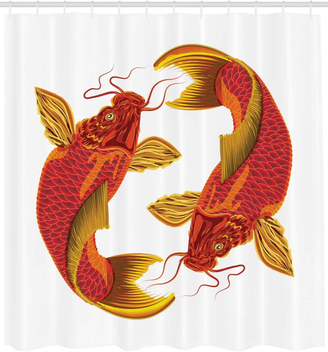Carp Koi Fish Shower Curtain, Cloth Fabric Bathroom Decor in Oriental Warm Tones with Illustration