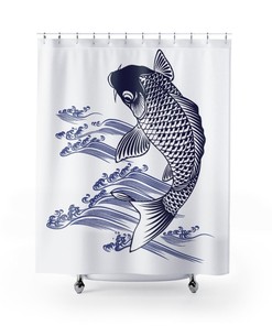 Carp Koi Fish Ukiyo-e Black Ink Art Shower Curtain for Retro Bathroom Decor 
