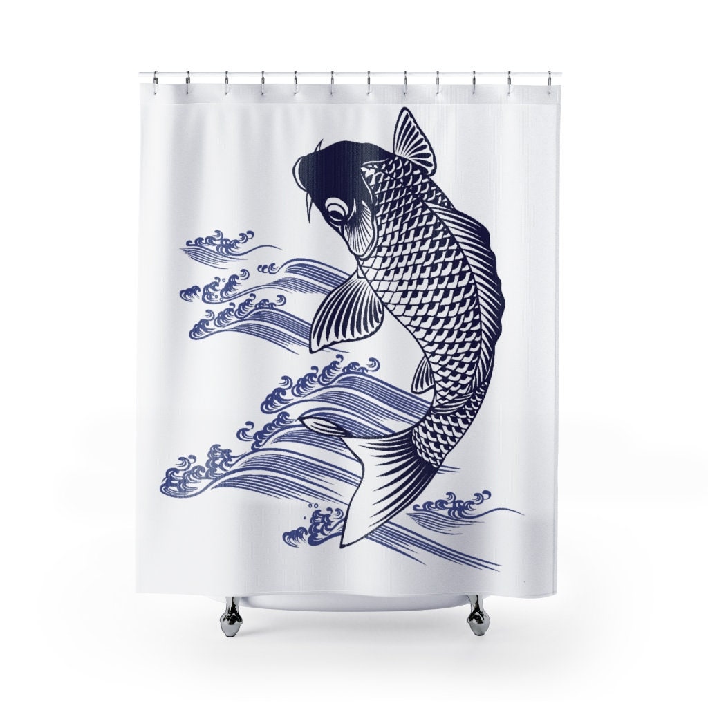 Carp Koi Fish Ukiyo-e Black Ink Art Shower Curtain for Retro Bathroom Decor