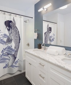 Carp Koi Fish Ukiyo-e Black Ink Art Shower Curtain for Retro Bathroom Decor