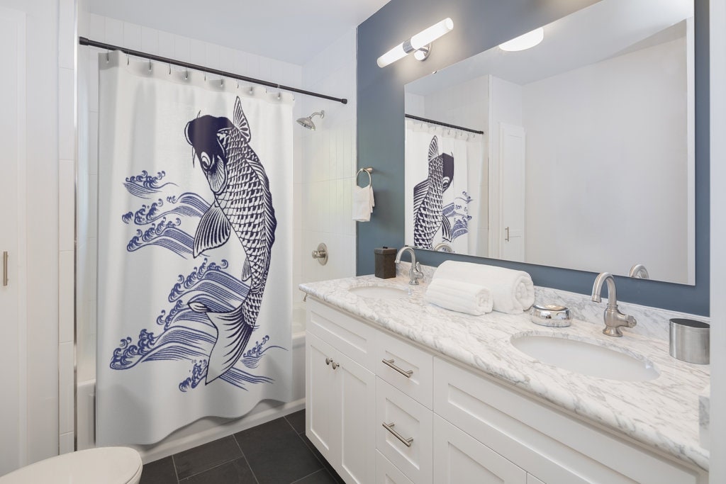Carp Koi Fish Ukiyo-e Black Ink Art Shower Curtain for Retro Bathroom Decor