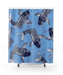 Carp Koi Fish Ukiyo-e Style Blue Shower Curtain for Retro Bathroom Decor 