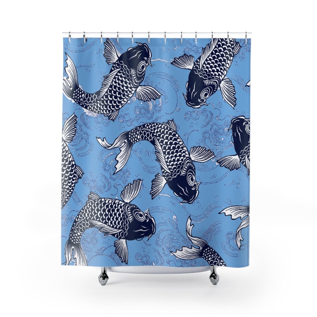 Carp Koi Fish Ukiyo-e Style Blue Shower Curtain for Retro Bathroom Decor