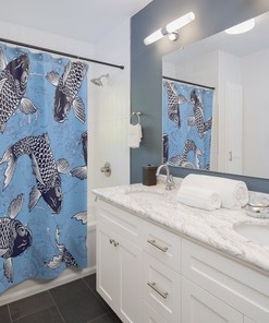 Carp Koi Fish Ukiyo-e Style Blue Shower Curtain for Retro Bathroom Decor