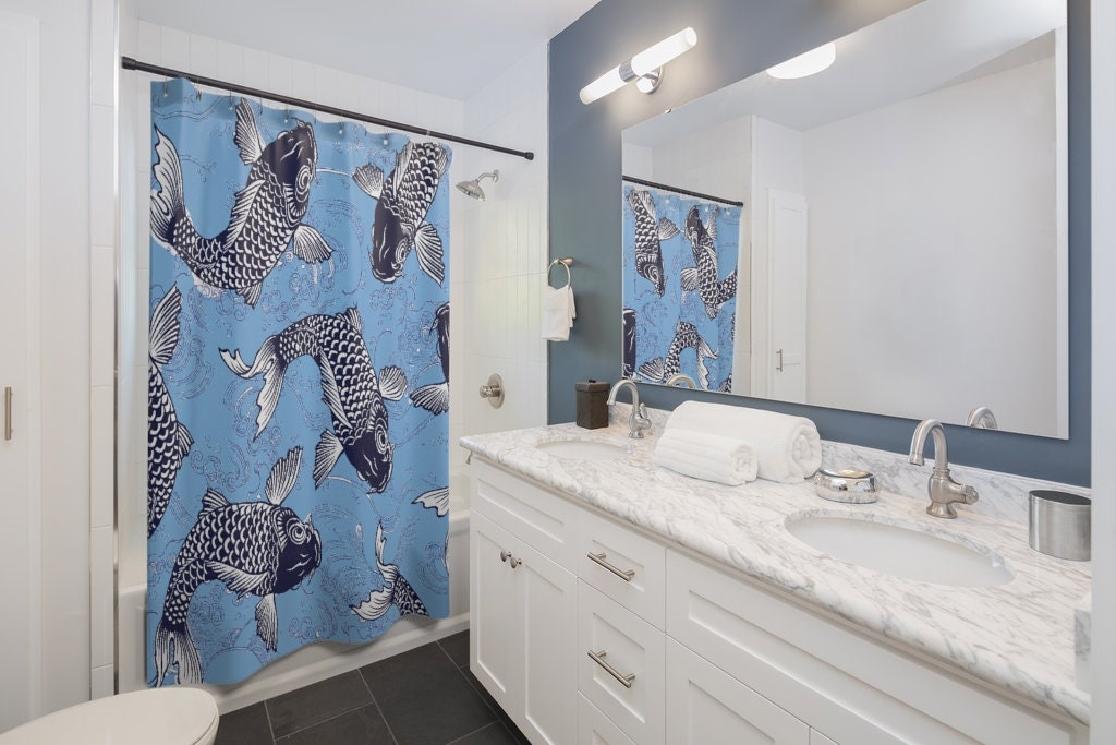 Carp Koi Fish Ukiyo-e Style Blue Shower Curtain for Retro Bathroom Decor