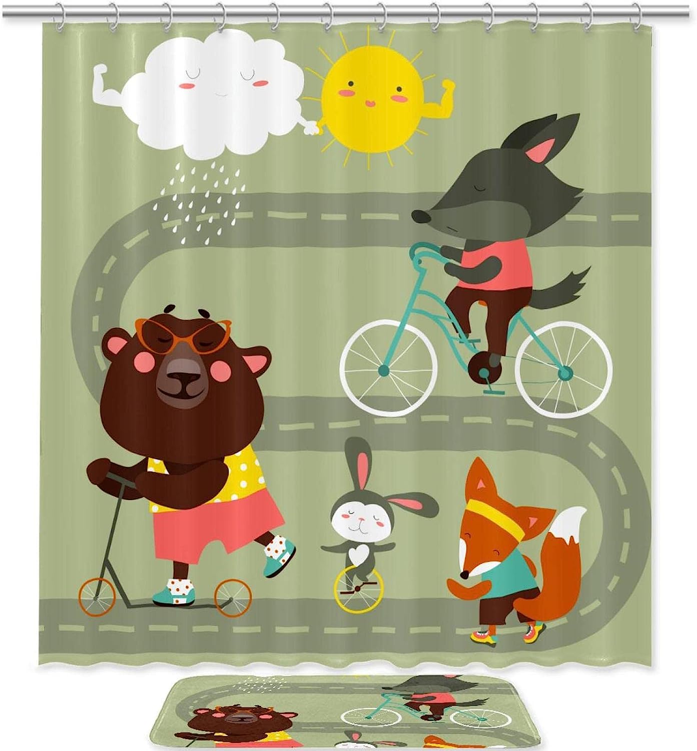 Cartoon Animal Bicycle Shower Curtain - A Fun And Creative Twist In Your Bathroom