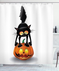 Cartoon Animal Cat Shower Curtain With Pumpkin Print For Halloween Decor