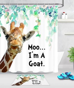 Cartoon Animal Green Leaves Funny Giraffe Shower Curtain - Cute Bathroom Decor
