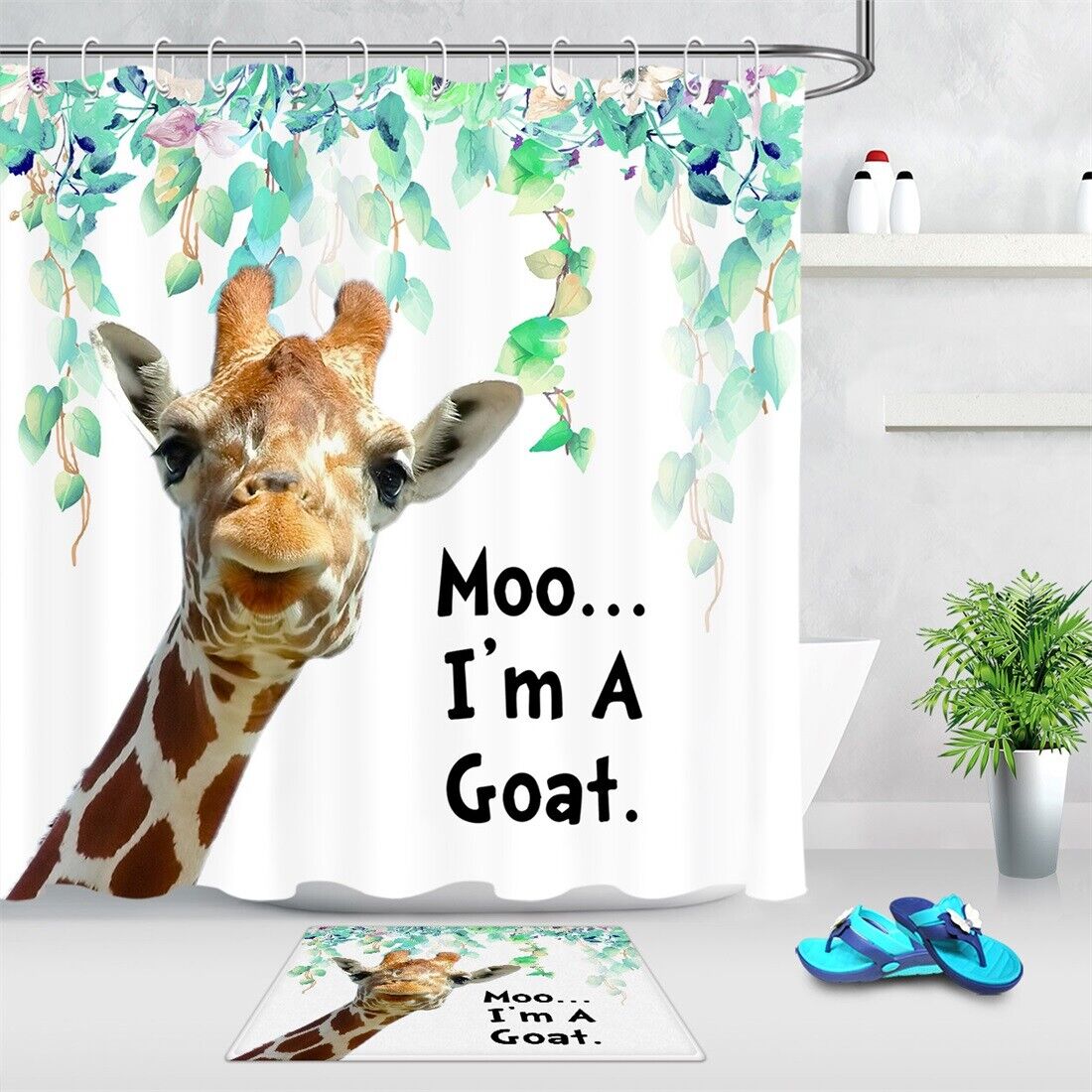 Cartoon Animal Green Leaves Funny Giraffe Shower Curtain - Cute Bathroom Decor