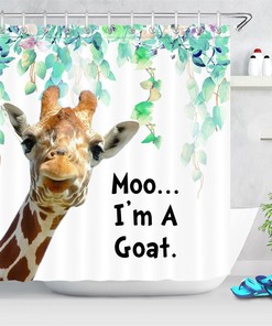 Cartoon Animal Green Leaves Funny Giraffe Shower Curtain - Cute Bathroom Decor