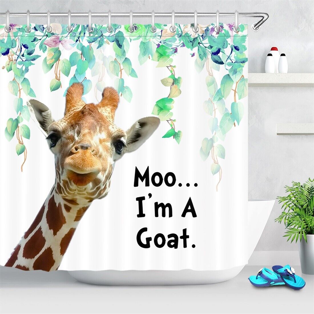 Cartoon Animal Green Leaves Funny Giraffe Shower Curtain - Cute Bathroom Decor