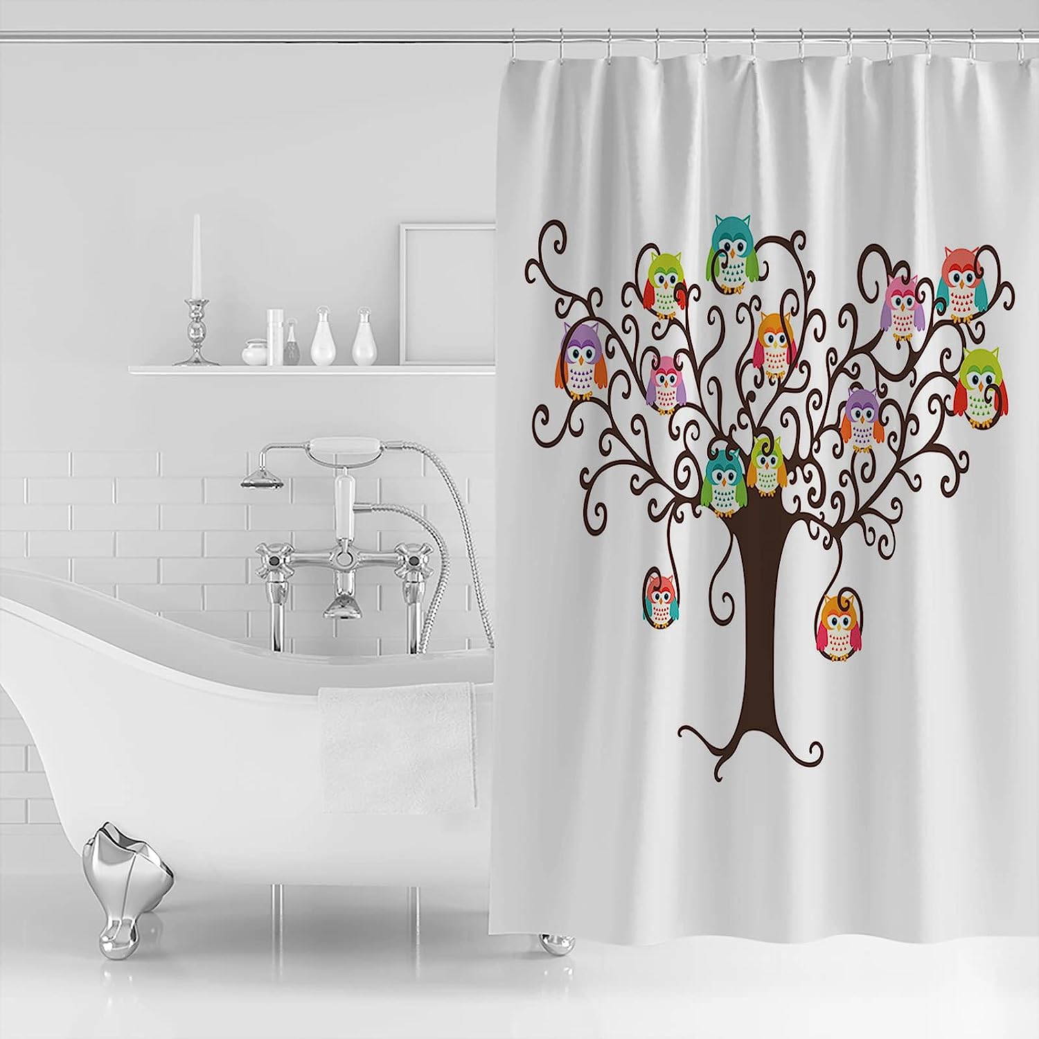 Cartoon Animal Owl Tree Printed Shower Curtain With Fabric Material - Image 2