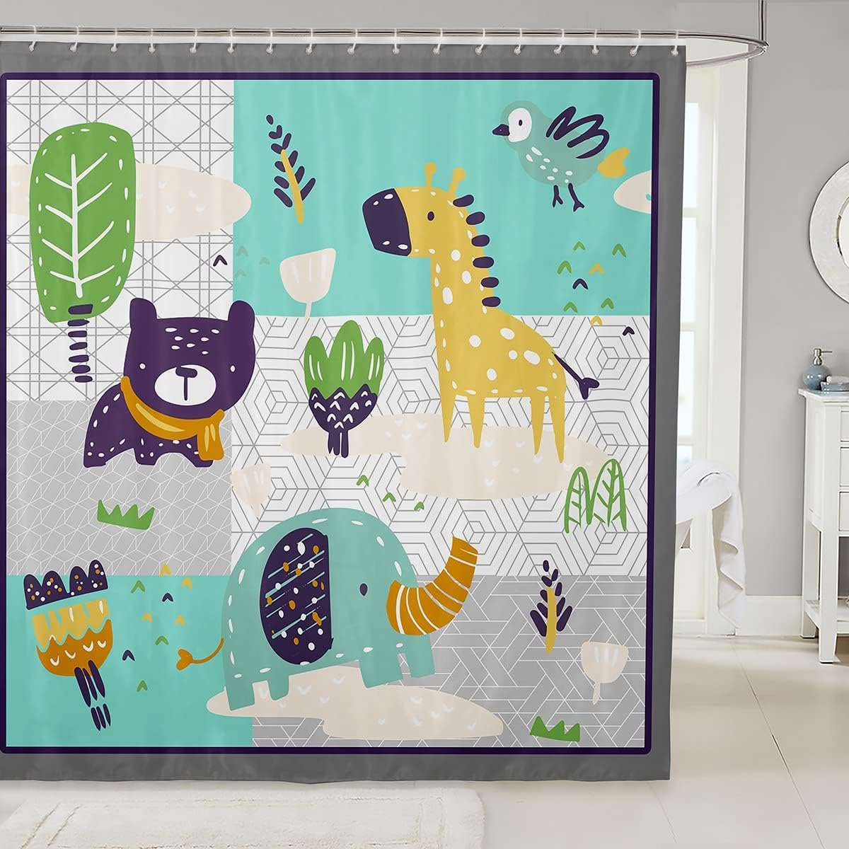 Cartoon Animal Painting Bath Curtain - Elephant Giraffe Shower Curtain