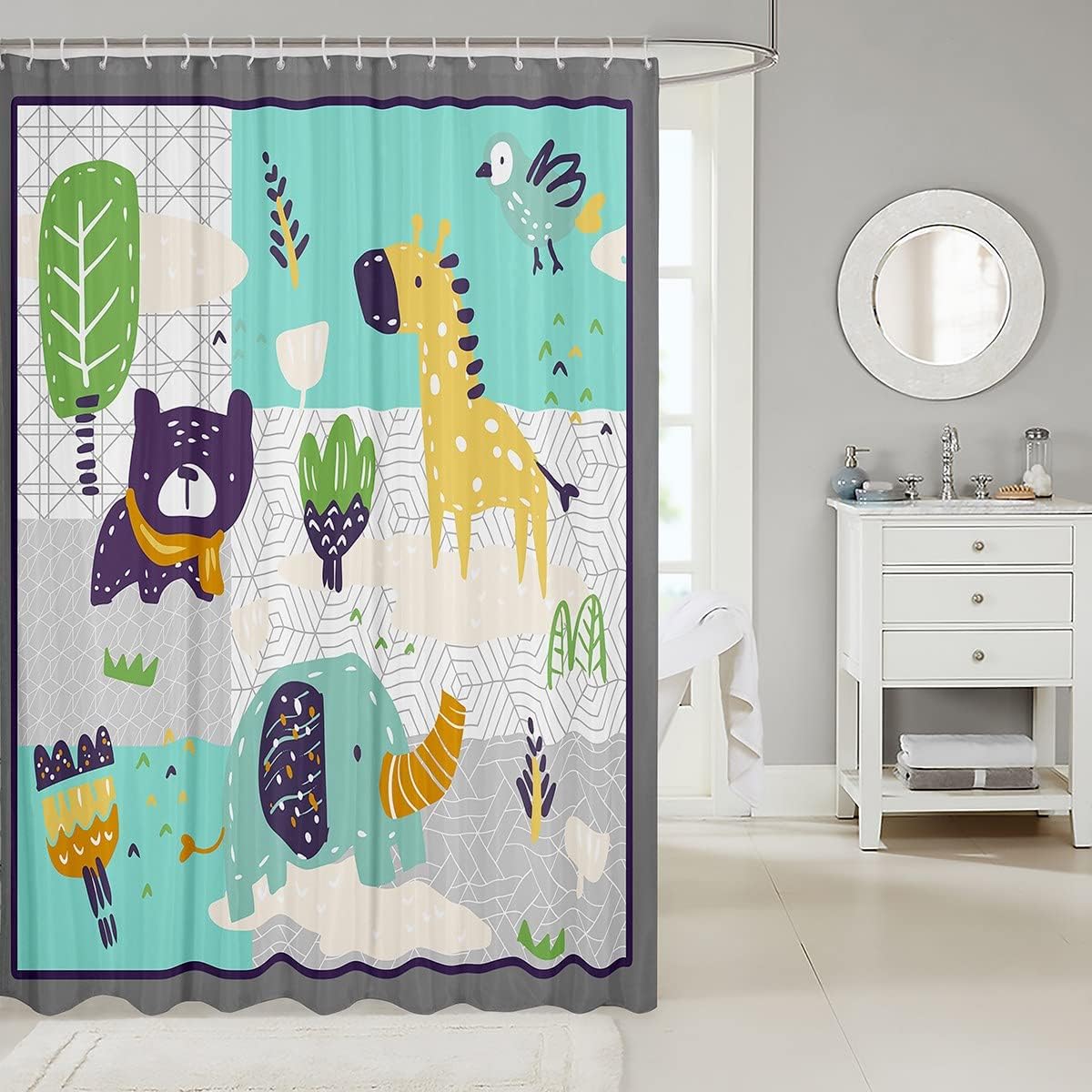 Cartoon Animal Painting Bath Curtain - Elephant Giraffe Shower Curtain - Image 2