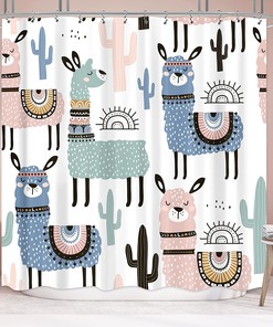 Cartoon Animals Print Shower Curtain for Kids Bathroom Decor with Llama and Cactus by Riyidecor