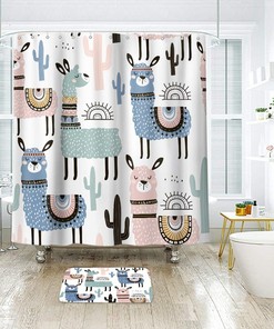 Cartoon Animals Print Shower Curtain for Kids Bathroom Decor with Llama and Cactus by Riyidecor