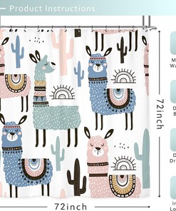 Cartoon Animals Print Shower Curtain for Kids Bathroom Decor with Llama and Cactus by Riyidecor