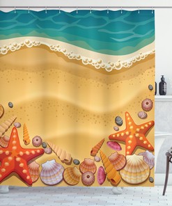 Cartoon Artwork of Seashells on the Beach Shower Curtain for Nautical Bathroom Decor