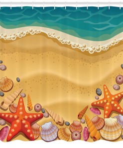 Cartoon Artwork of Seashells on the Beach Shower Curtain for Nautical Bathroom Decor