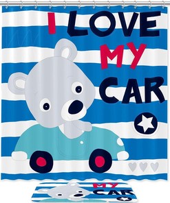 Cartoon Bear I Love My Car Quotes Shower Curtain - Adorable Bathroom Decor For Car Enthusiasts