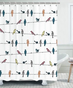 Cartoon Bird Yellow And Gray Shower Curtain With Funny Animal Design, Cute Bathroom Decor