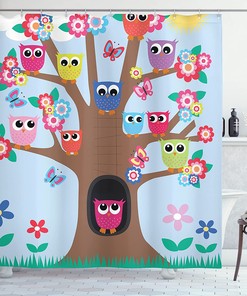 Cartoon Birds Shower Curtain, Tree Style Illustration Print, Cloth Bathroom Decor